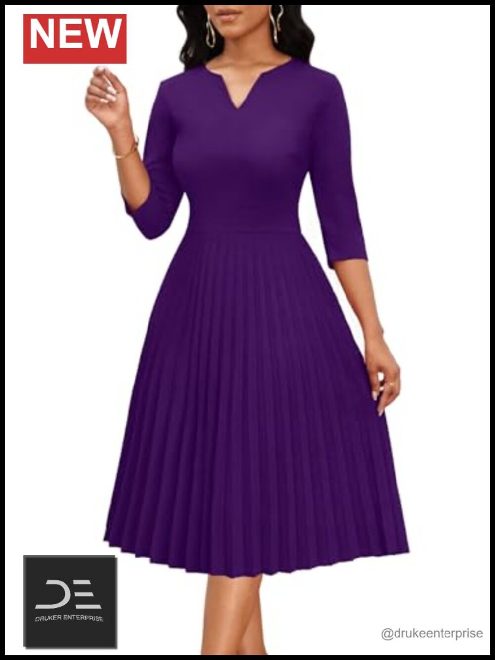 Pleated Midi Dress 3/4 Sleeve Casual Cocktail Fit and Flare with Pockets